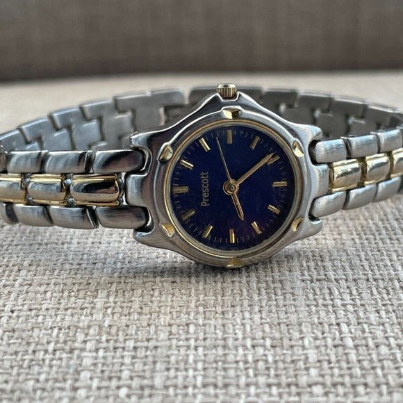 Prescot Ladies Wristwatch Silver/Gold Tone Blue Face Quartz Analog Japan Movt - Picture 2 of 11